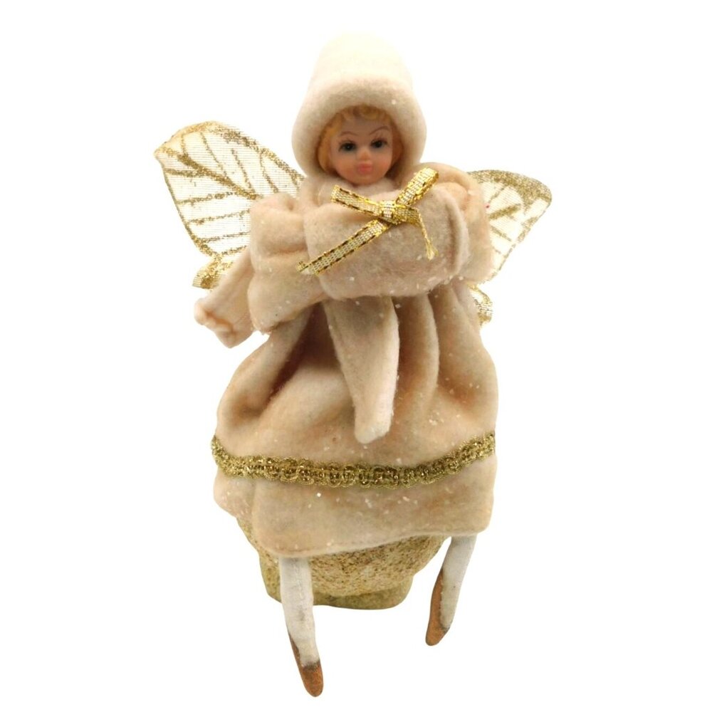 Porcelain Christmas Angel Fairy on Glittery Snowball Figure Vintage 1970s Decor